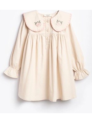 Vauva Kız Çocuk Elbise Uzun Kollu Nakış Detaylı Düğmeli Bayramlık Elbise