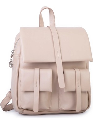 Nas Bag Kadın Şık Günlük Cepli Yumuşak Deri Sırt Çantası Kum