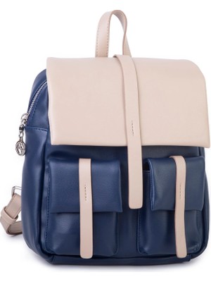 Nas Bag Kadın Şık Günlük Cepli Yumuşak Deri Sırt Çantası Lacivert Kum