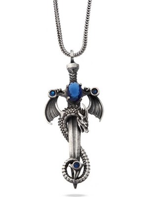 925 Ayar Gümüş Safir Taşlı Ejderha Erkek Kılıç Kolye
