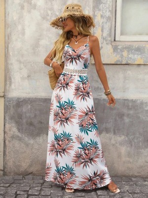 Gökyüzü Moda Kadın Ip Askılı V Yakalı Beli Dantelli Uzun Süprem Elbise