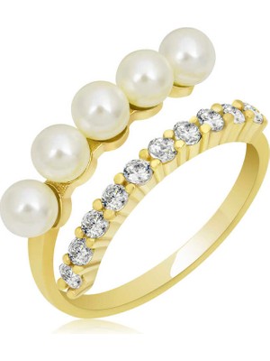 Gümüş Gold Ayarlanabilir Inci Taşlı Kadın Yüzük