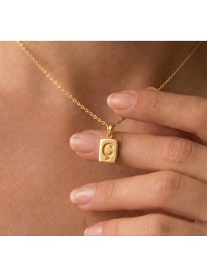 Ashak Accessories Kadın 925 Ayar Gümüş Zincirli Minimalist Ç Harf Isim Yazı Dikdörtgen Kolye