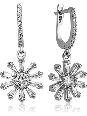 Gümüş Trapez Taşlı Çiçek Küpe