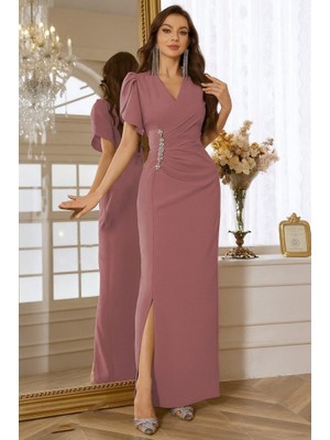 Infivento Kadın Kısa Kollu Kruvaze Yakalı Belden Çiçek Aksesuarlı Yırtmaçlı Ithal Krep Elbise