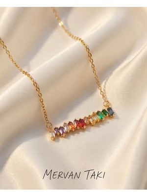 Mervan Takı Renkli Baget Taşlı Altın Rengi Çelik Kolye