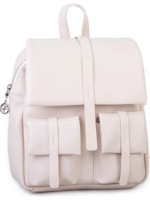 Nas Bag Kadın Şık Günlük Cepli Yumuşak Deri Sırt Çantası Krem