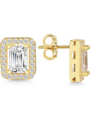 Gümüş Gold Beyaz Baget Taşlı Çivili Kadın Küpe