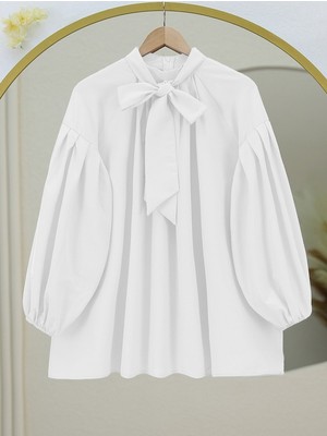 Modamorfo Yakası Bağcıklı Kolu Lastikli Tunik -Beyaz