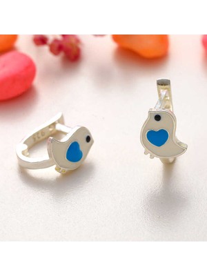 Gümüş Kalpli Kuş Çocuk Küpesi