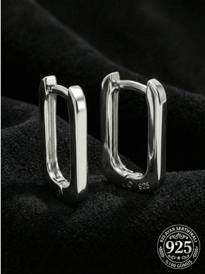 Erdobia 925 Ayar Gümüş Rodyum Kaplama Dikdörtgen Huggie Halka Küpe - Orta Boy (2mm En)