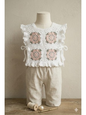 Linas Collection El Örgüsü Çiçek Motifli Yanları Bağlamalı Bebek/çocuk Süveter