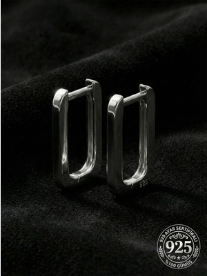 Erdobia 925 Ayar Gümüş Rodyum Kaplama Dikdörtgen Huggie Halka Küpe - Büyük Boy (2mm En)