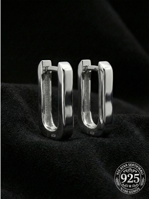 Erdobia 925 Ayar Gümüş Rodyum Kaplama Dikdörtgen Huggie Halka Küpe - Büyük Boy (3mm En)