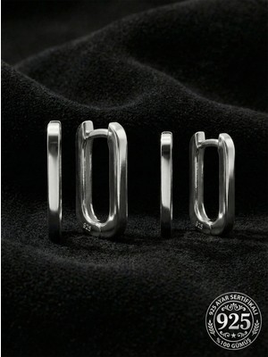 Erdobia 925 Ayar Gümüş Rodyum Kaplama Dikdörtgen Huggie Halka Küpe Seti 2'li Çift - (Büyük-Orta 2mm En)