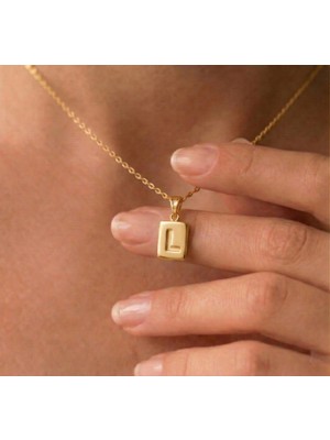 Ashak Accessories Kadın 925 Ayar Gümüş Zincirli Minimalist L Harf Isim Yazı Dikdörtgen Kolye