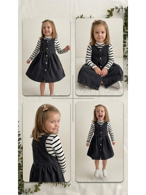 HaanBebe Kız Çocuk Siyah Denim Jile Elbise ve Çizgili Body 2'li Takım