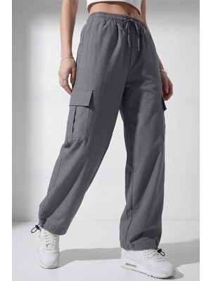Veleno Kadın Metalik Oversize Paraşüt Kumaş Kargo Cepli, Ayarlanabilir Paça Klipsli, Baggy Pantolon