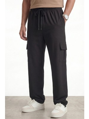 Veleno Erkek Siyah Paraşüt Kumaş Kargo Cepli, Ayarlanabilir Paça Klipsli, Baggy Pantolon