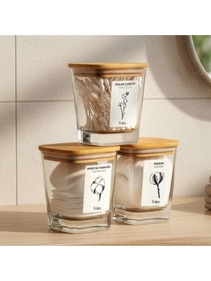 Snippy Cuvo - 3'lü Bambu Vakum Kapaklı Banyo Düzenleyici Cam Banyo Seti Etiketli Banyo Organizeri