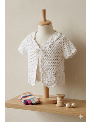 Linas Collection ​el Örgüsü Çiçek Motifli Bebek ve Çocuk Hırka - Kar Beyazı