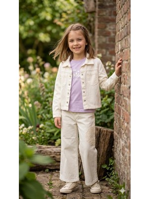 HaanBebe Nakış Detaylı Ekru Denim Ceket ve Geniş Paça Pantolonlu 3’lü Kız Çocuk Takım