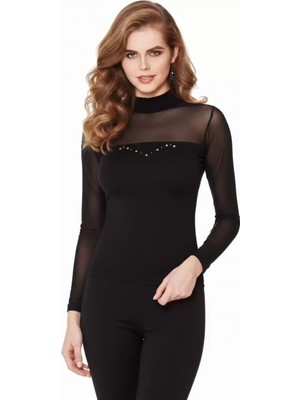 Marsilyan Berrak Bayan Transparan Omuz Siyah Badi 8054