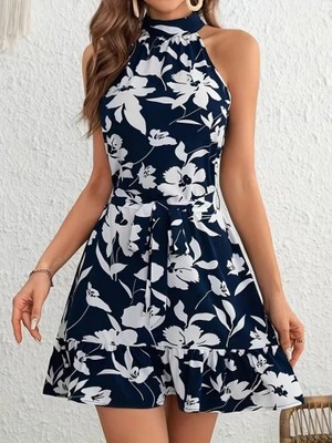 Modatıkla Kadın Omuzlardan Açık Balıkçı Yakalı Kuşaklı Desenli Kısa Süprem Elbise