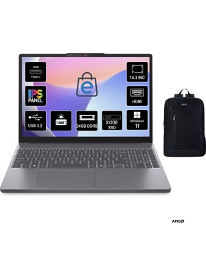 Lenovo Ideapad Slim 3 Amd Ryzen 7 7735HS 24GB 512GB SSD Windows 11 Pro 15.3" Taşınabilir Bilgisayar 83K70098TR +Boz Çanta