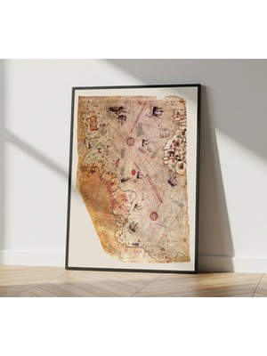 Rosaart Piri Reis Dünya Haritası Ahşap Çerçeveli Poster –1513 Vintage Antik Harita Tablo Duvar Dekoru