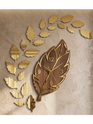As Tasarım Lazer Yaprak Saat - Modern Dekoratif Duvar Saati (Ahşap & Pleksi Detaylı)