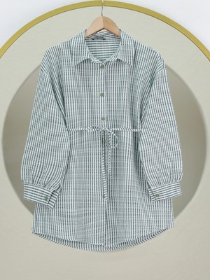 Modamorfo Boydan Düğmeli Bağcıklı Çizgili Bürümcük Gömlek -Yeşil