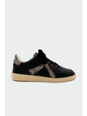 Laminta April Işıltılı Hakiki Deri Siyah Kadın Düz Spor Ayakkabı