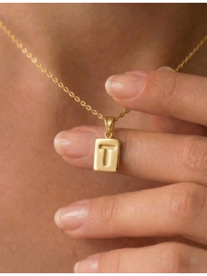 Ashak Accessories Kadın 925 Ayar Gümüş Zincirli Minimalist T Harf Isim Yazı Dikdörtgen Kolye