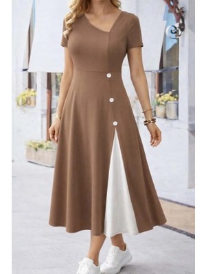 Modatıkla Kadın Kısa Kollu Asimetrik Yakalı Düğme Detaylı Midi Viskon Elbise