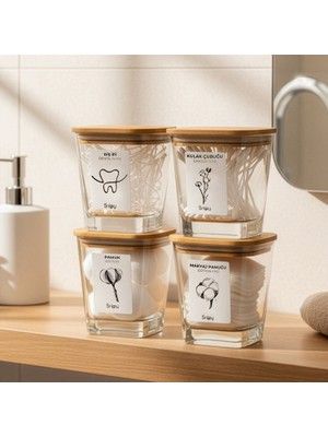 Snippy Cuvo - 4'lü Bambu Vakum Kapaklı Banyo Düzenleyici Cam Banyo Seti Etiketli Banyo Organizeri