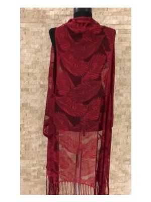 Calperia Pareo Dantel Yelek Mayo Bikini Üzeri Yaprak Desenli Püsküllü Plaj Elbisesi - Bordo