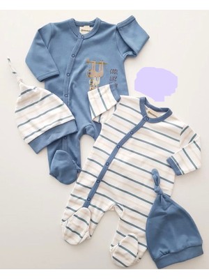 Minisse 4919MS Bebek Kalın Çizgili Şapkalı 2'li Tulum