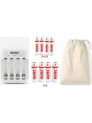 Avec AV-CH03 USB Pil Şarj Cihazı (4'lü)+4 Adet Şarj Edilebilir Avec 1100MAH Aa Kalem+4 Adet 600MAH Aaa  Pil Ince Pil