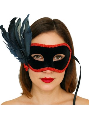 Nexgen Siyah Renk Yandan Tüylü Siyah Süet Kaplama Parti Balo Maskesi 21X20 cm