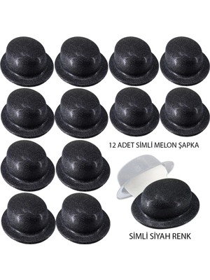 Nexgen Siyah Renk Simli Melon Yuvarlak Parti Şapkası 12 Adet