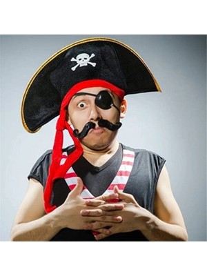 Nexgen Yetişkin Boy Kadife Kaptan Jack Sparrow Korsan Şapkası ve Plastik Korsan Göz Maskesi
