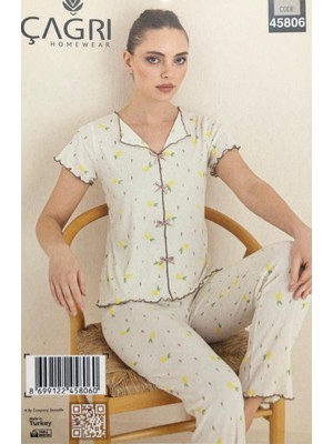 Royam Çağrı Kadın %100 Pamuk Raporlu Fitilli Kısa Kollu Önü Düğmeli Pijama Takım