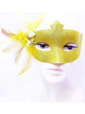 Nexgen Sim Işlemeli Inci Boncuk Detaylı Tüylü Balo Maskesi Altın Renk 13X18 cm