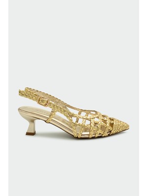 Laminta Wenty Örgü Detaylı Gold Kadın Topuklu Ayakkabı