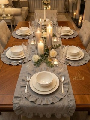 Zerium Fırfırlı Ham Keten 7’li Runner ve Supla Şık Sofra & Sunum Çeyiz Seti – Stone Mist Series (Gri)
