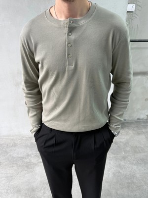 Difransel Jeans Erkek Slim Fit Düğmeli Yaka Fitilli Uzun Kollu  T-Shirt
