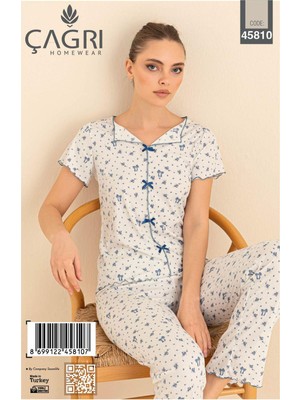 Royam Çağrı Kadın %100 Pamuk Raporlu Fitilli Kısa Kollu Önü Düğmeli Pijama Takım