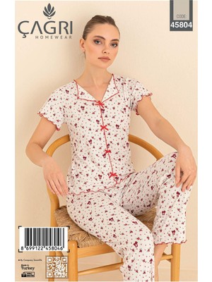 Royam Çağrı Kadın %100 Pamuk Raporlu Fitilli Kısa Kollu Önü Düğmeli Pijama Takım