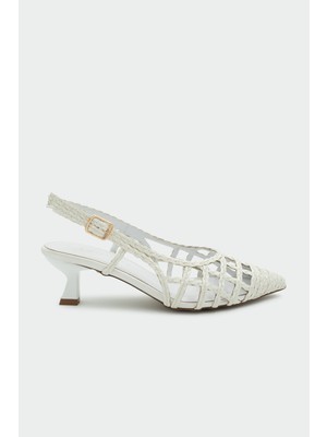 Laminta Wenty Örgü Detaylı Beyaz Kadın Topuklu Ayakkabı